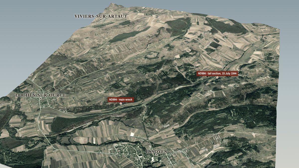 The 1948 aerial photographs draped over the terrain of the Ource valley, with Loches-sur-Ource, Essoyes and the two ND994 sites labelled