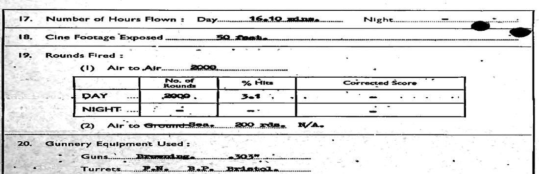 Gunnery report: hours flown 16 hours 10 minutes; cine footage exposed 50 feet; rounds fired air to air 2,000, day, 3.1 per cent hits; air to sea 200 rounds; Browning .303 guns; F.N., B.P. and Bristol turrets.