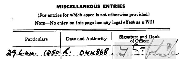 Pay book, miscellaneous entries: 29.6.44, 1250, R. 044868, with an officer's signature.
