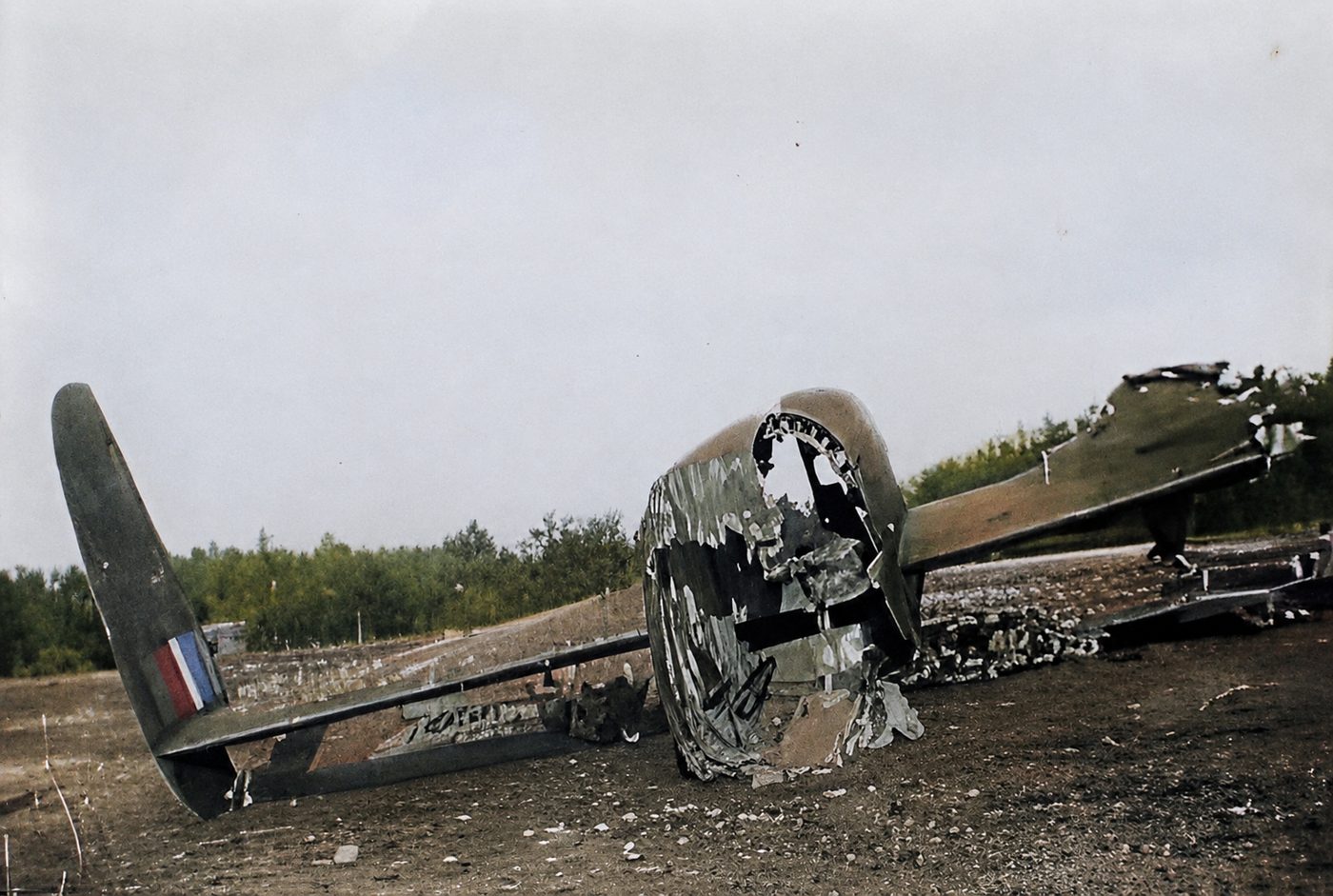 The tail section of ND994 lying in a stony field, the twin fins and tailplane intact, RAF roundel on the fin, pines behind